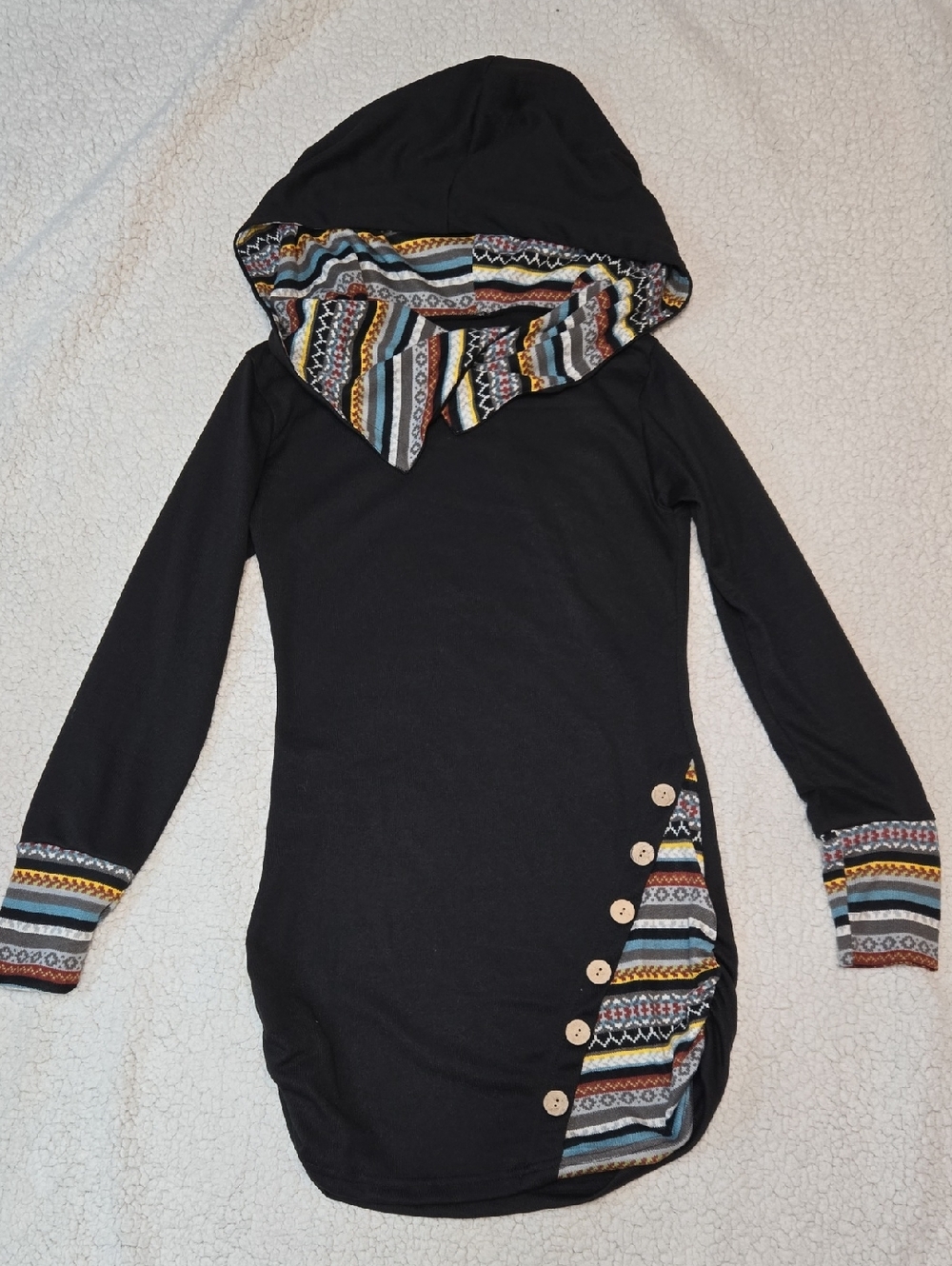 Black Hooded Tunic with Patterned Trim